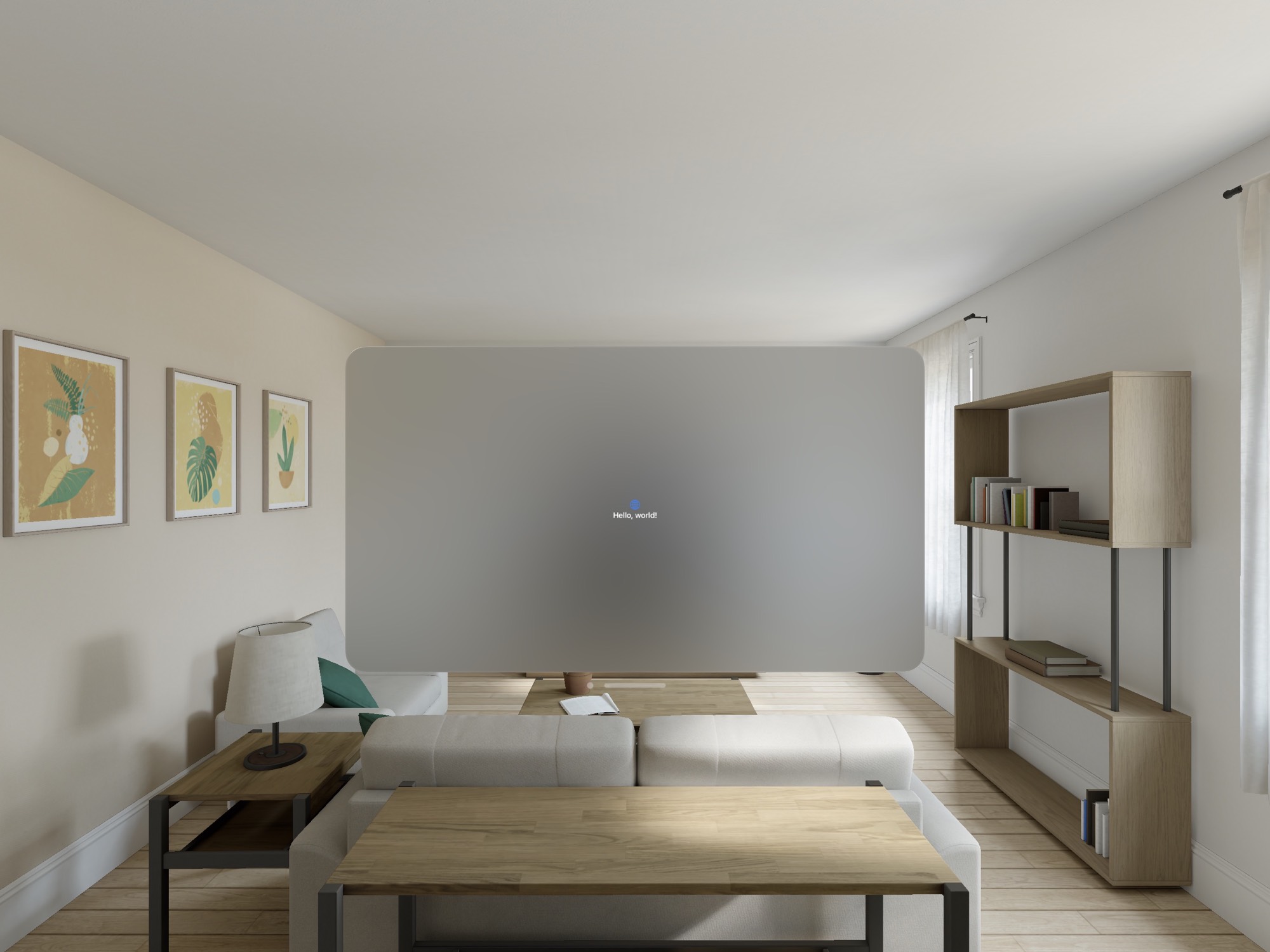 Screenshot of visionOS app running on Apple Vision Pro simulator. The app window is dark frosted glass.