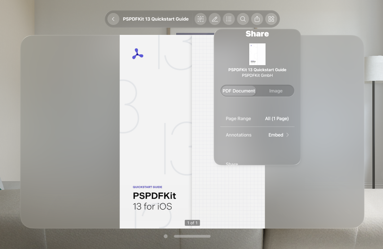 visionOS ornament showing the share popover