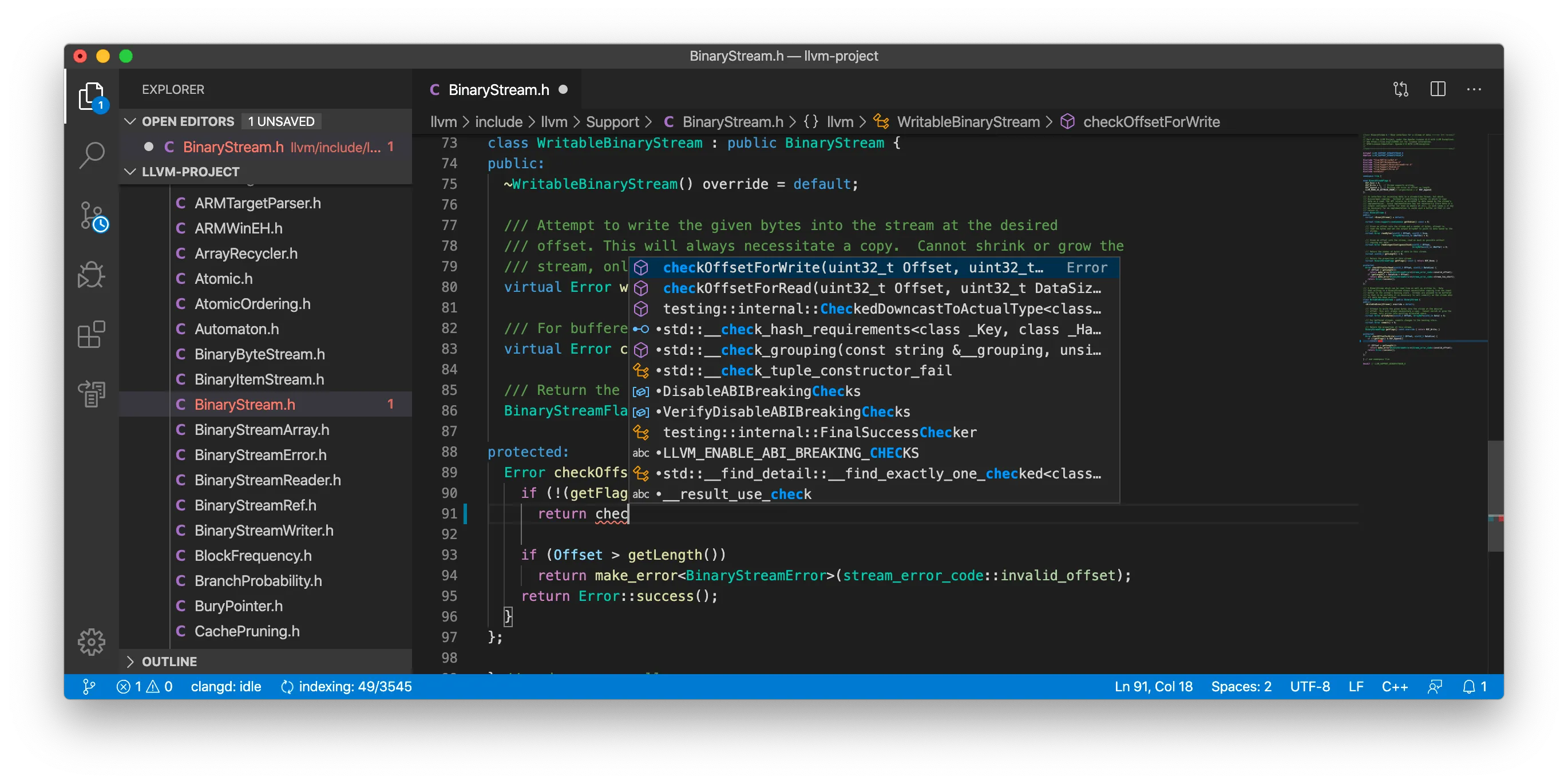 Visual Studio Code offering autocomplete options for a piece of C++ code