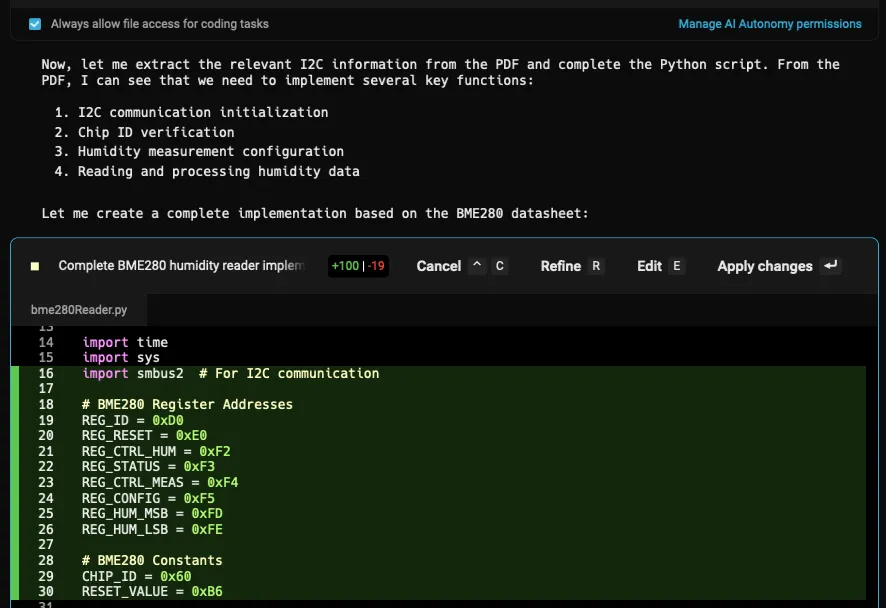 A file diff for the Python script in Warp