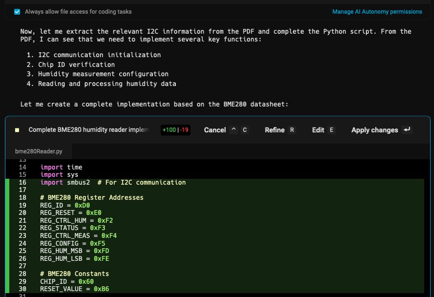 A file diff for the Python script in Warp