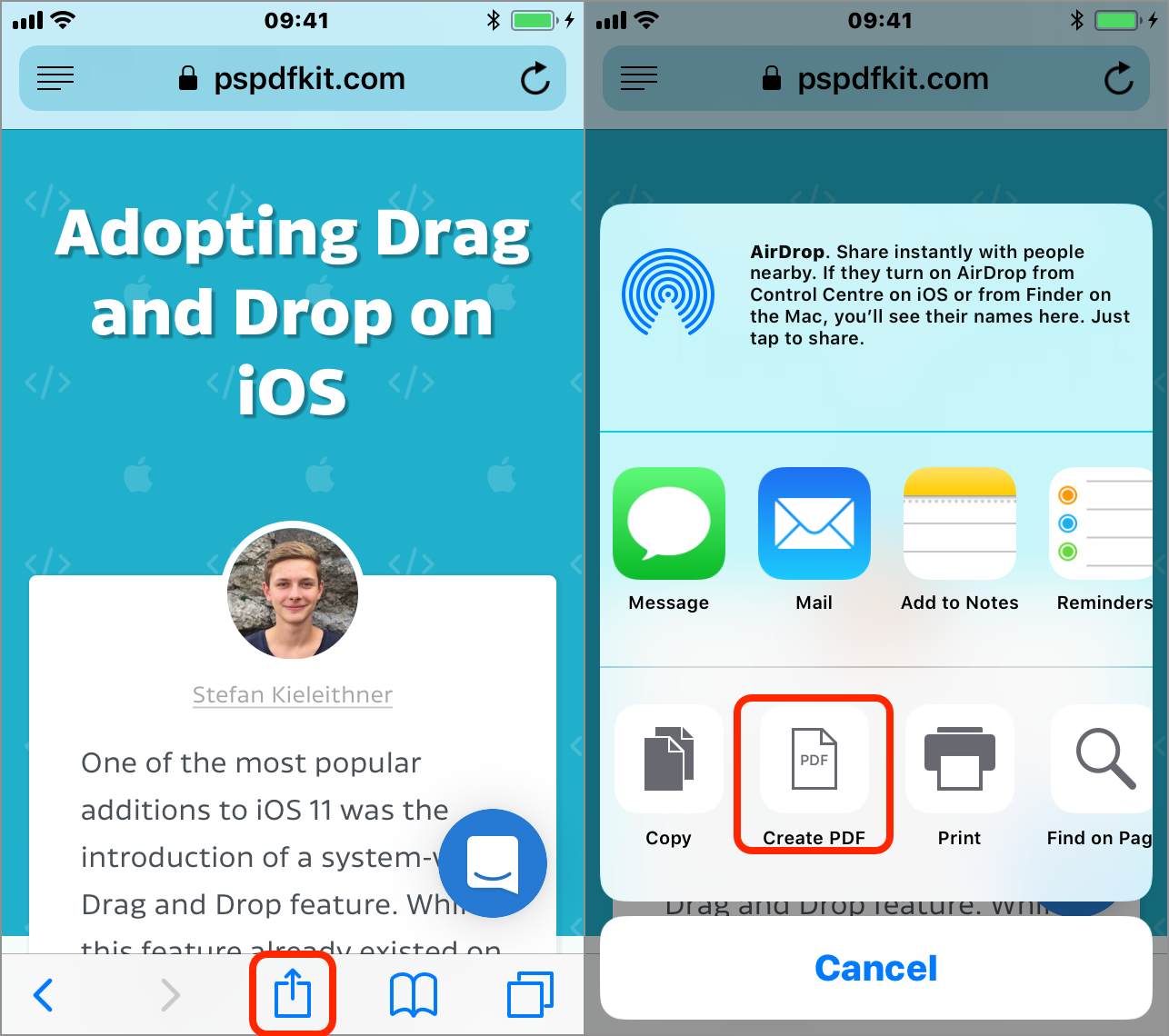 Screen shots of creating a PDF from a webpage in Safari