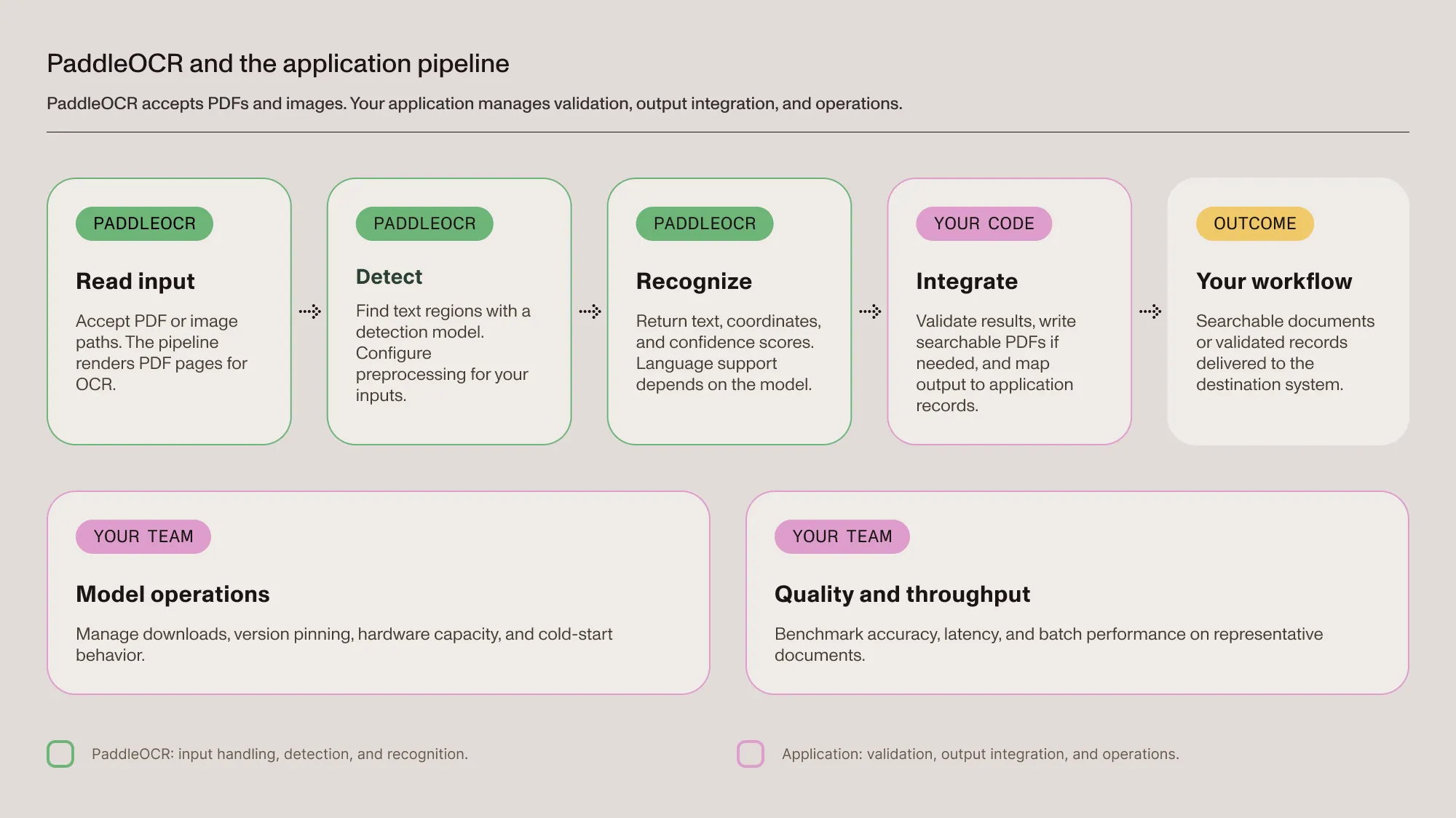 PaddleOCR handles PDF or image input, text detection, and recognition. Application work includes result validation, final output integration, model operations, and throughput testing.