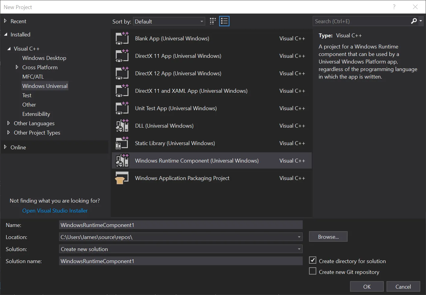 Creating a C++ Windows Component project