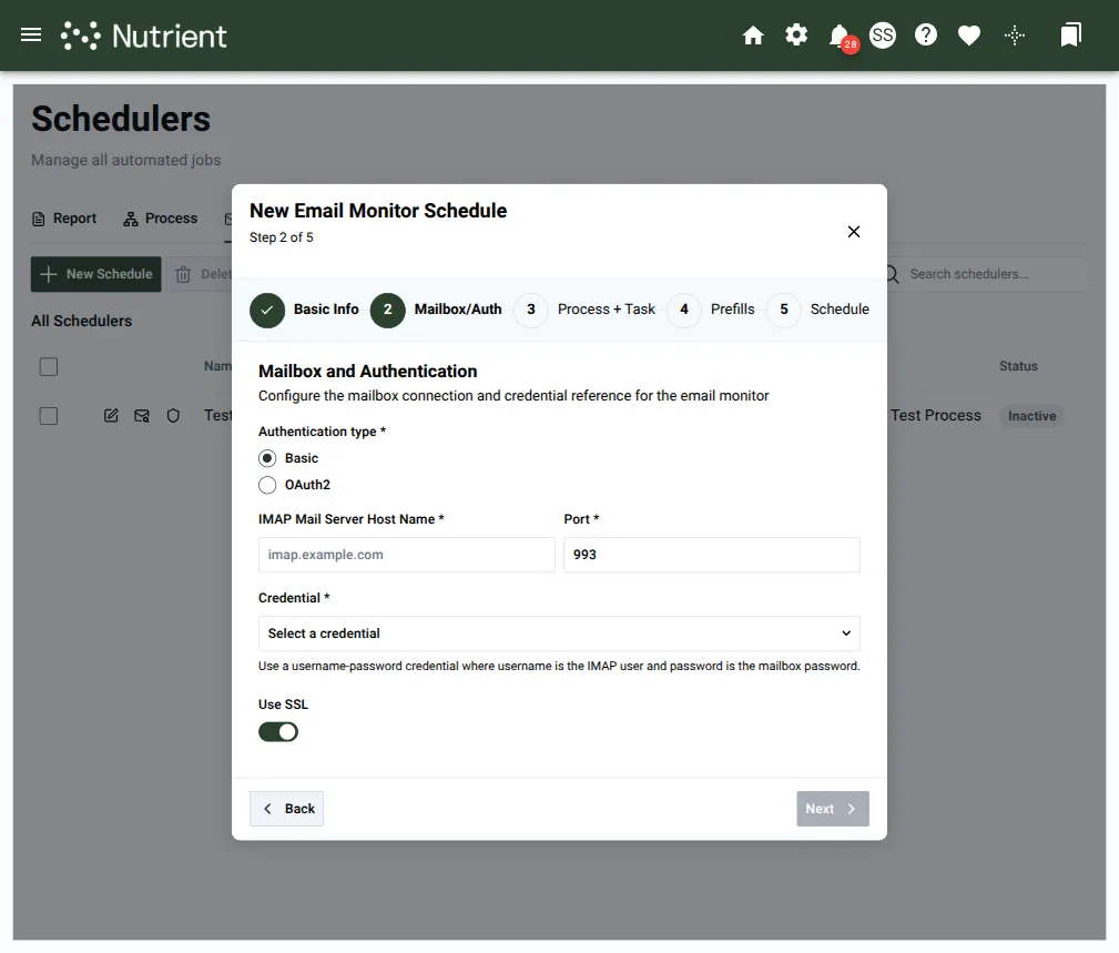 Wizard Mailbox/Auth step on the Email Monitors tab with Basic authentication selected, showing IMAP host, port, credential picker, and Use SSL toggle