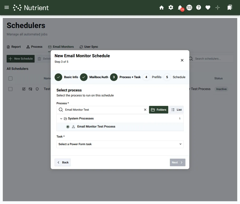 Wizard Process + Task step showing a folder tree of processes with a search box, and a Task dropdown filtered to Power Form tasks only