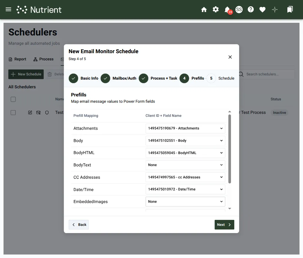 Wizard Prefills step showing the email property → Power Form field mapping table, with rows for Attachments, Body, BodyHTML, Sender Name, Subject, and other email properties