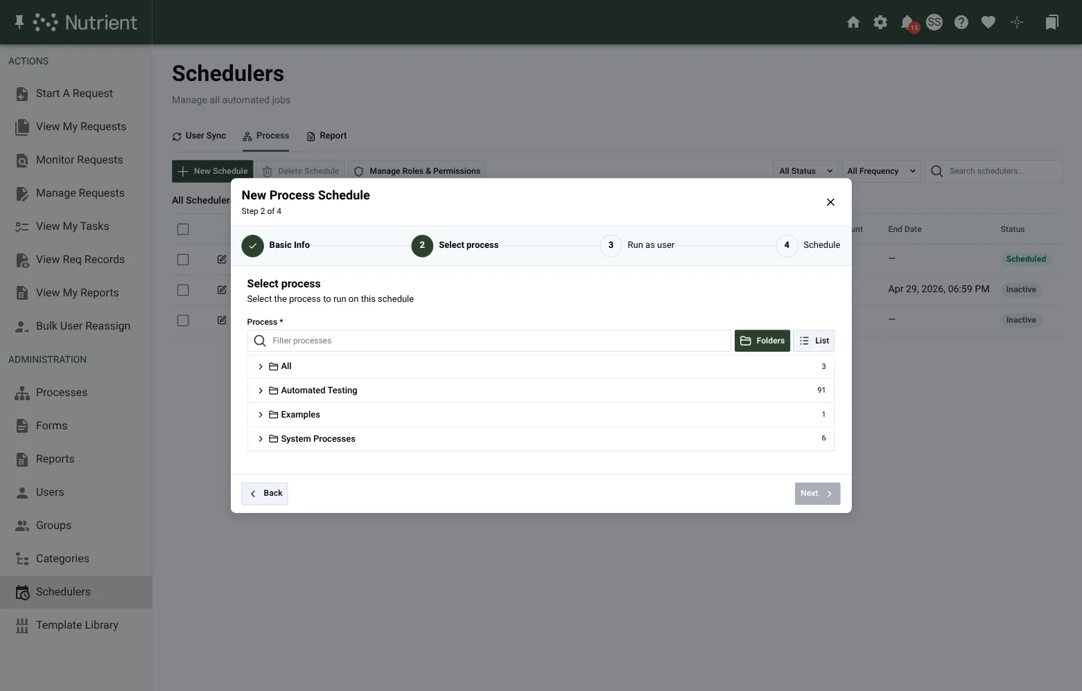Wizard Select process step on the Process tab, showing the folder tree with per-folder process counts