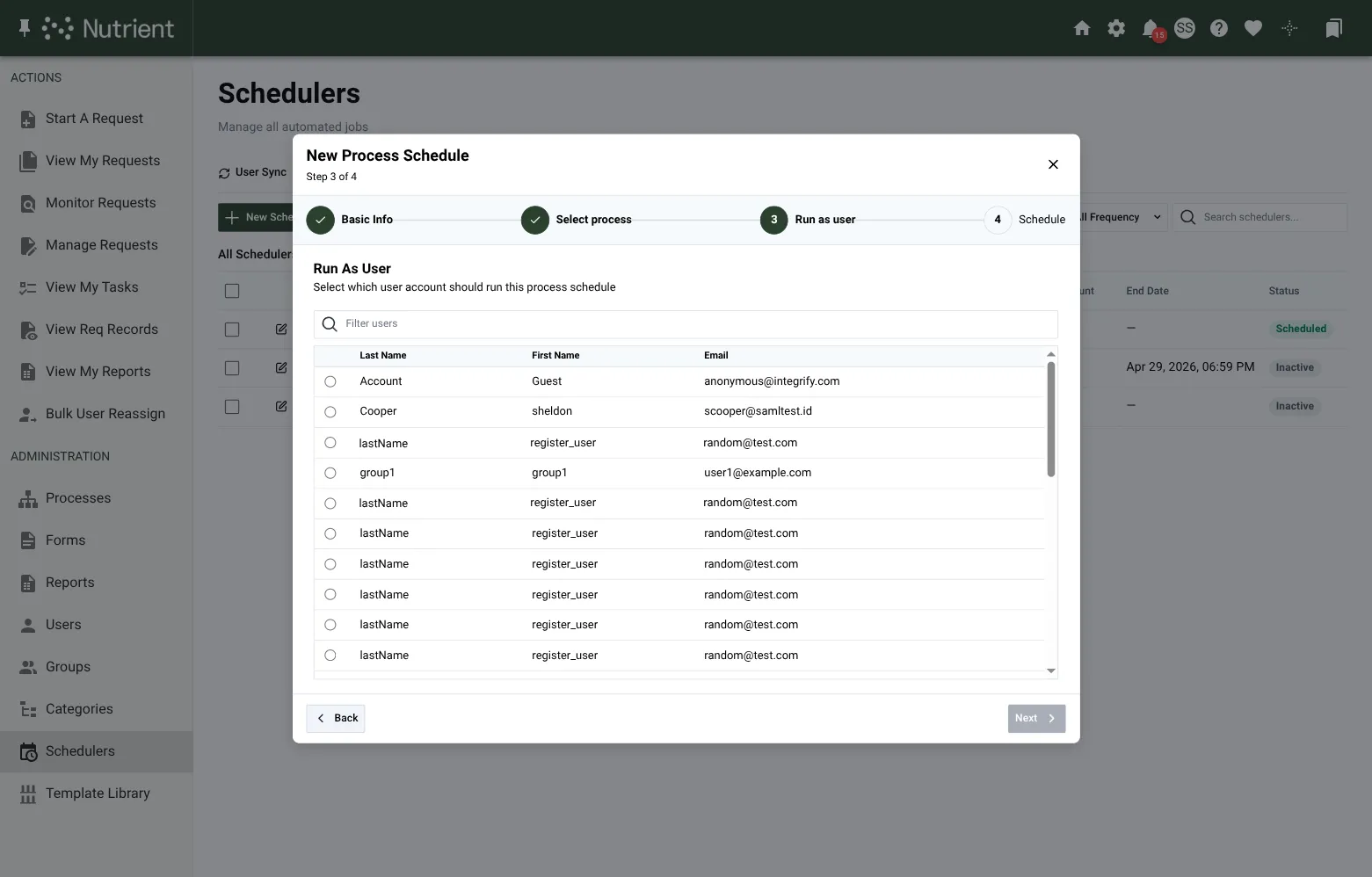 Wizard Run as user step on the Process tab, showing the user picker with Last Name, First Name, and Email columns