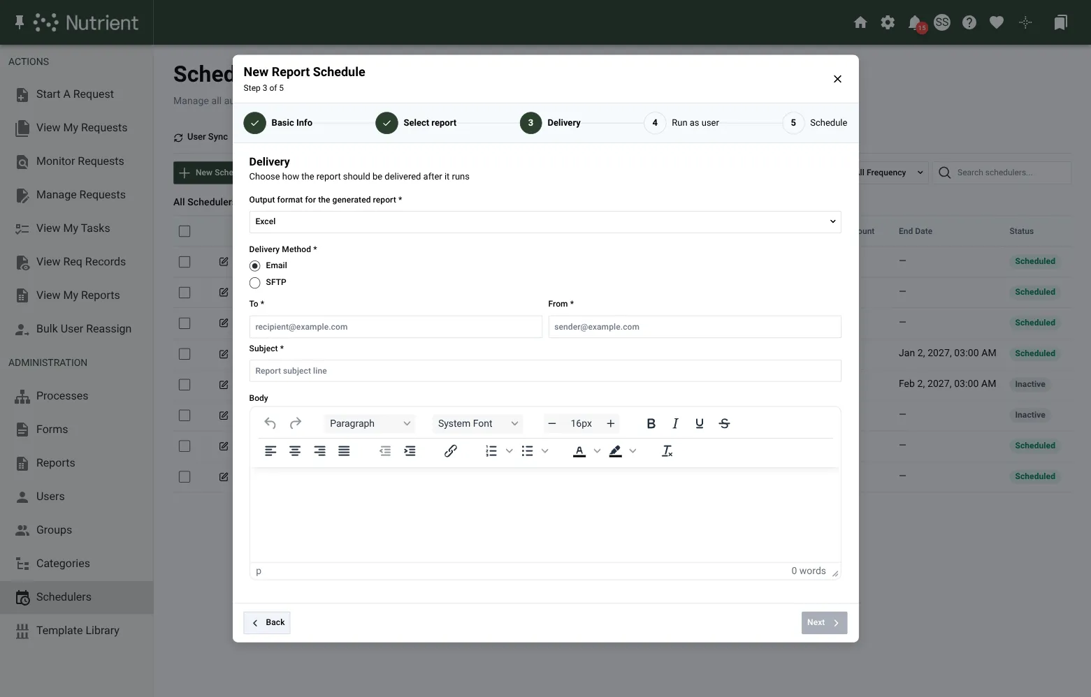 Wizard Delivery step on the Report tab with Email selected, showing recipient and message fields