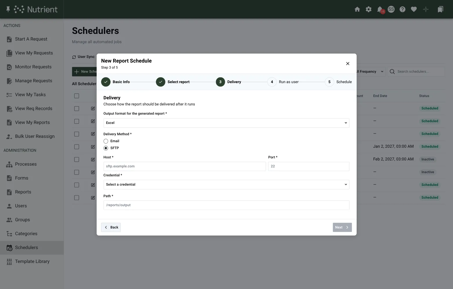 Wizard Delivery step on the Report tab with SFTP selected, showing host, port, credential picker, and path fields