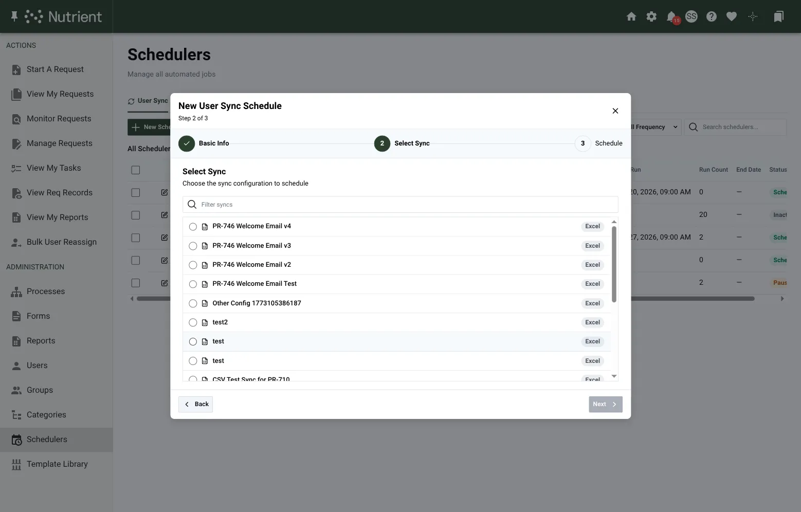 Wizard step 2 on the User Sync tab, showing a searchable list of available sync configurations