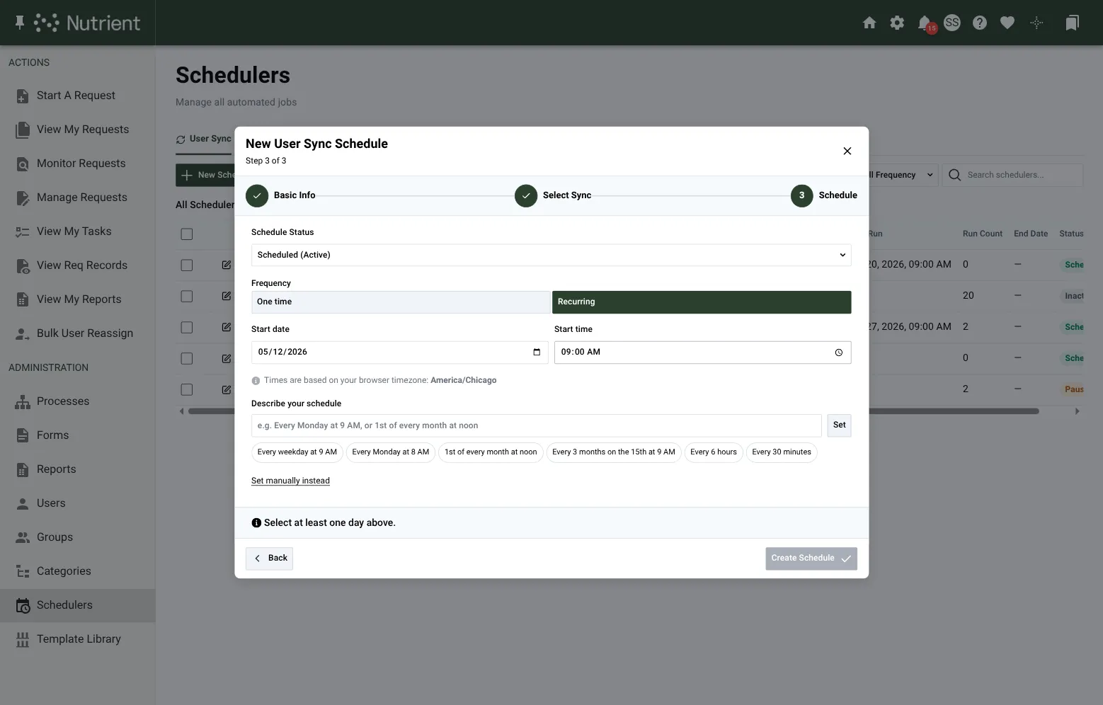 Wizard Schedule step with Recurring selected, showing the natural-language schedule description field and suggested cadence chips