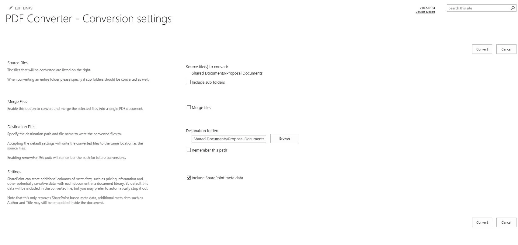 conversion settings