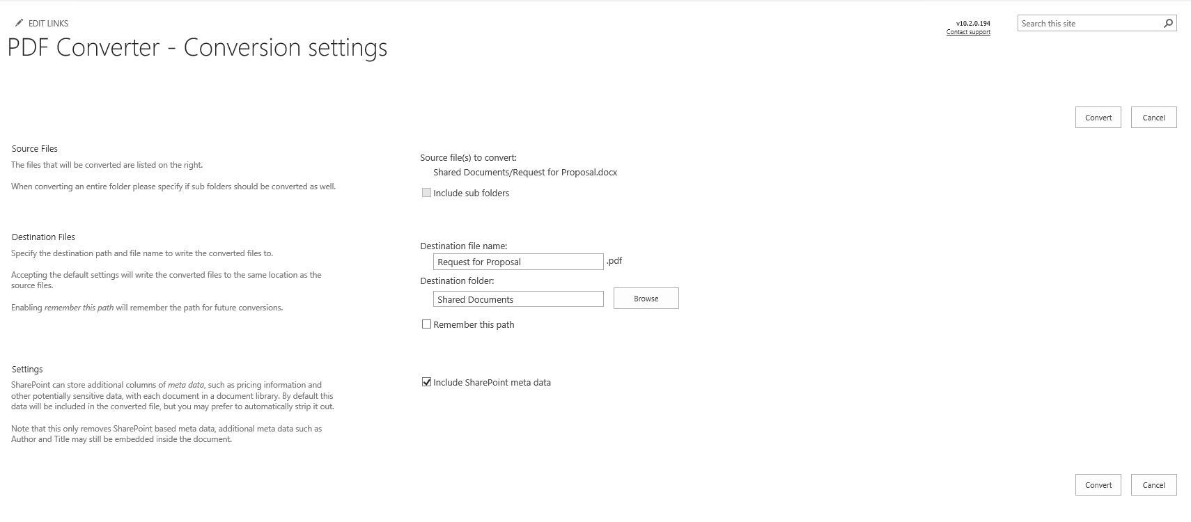 conversion settings page