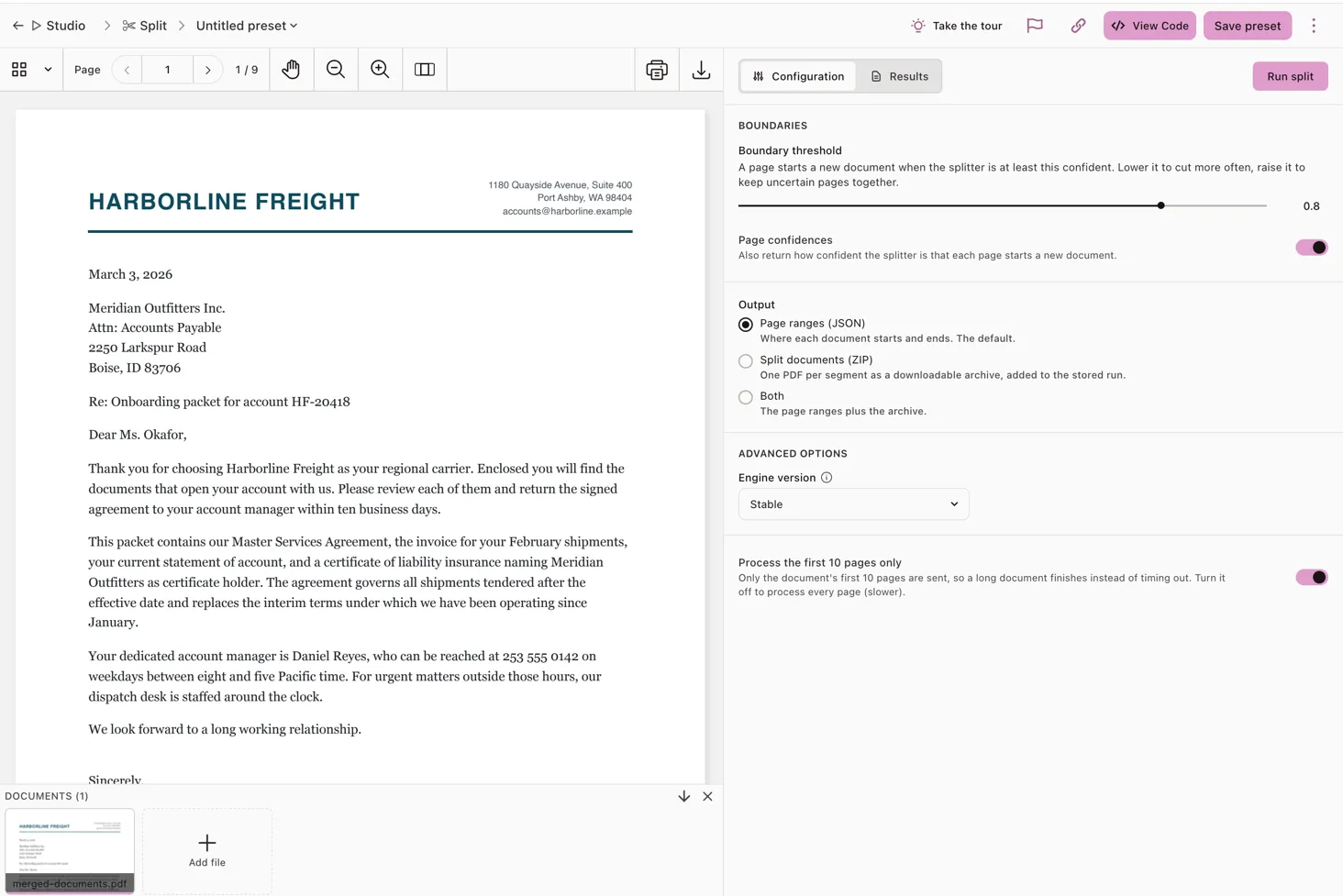 Split workbench configuration with the boundary threshold set to 0.8, page confidences turned on, and the output options page ranges (JSON), split documents (ZIP), or both