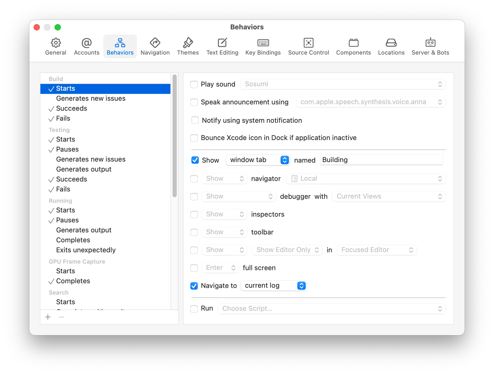 Xcode’s Behaviors Preferences: When the build starts, show the window tab named “Building” and navigate to the current log