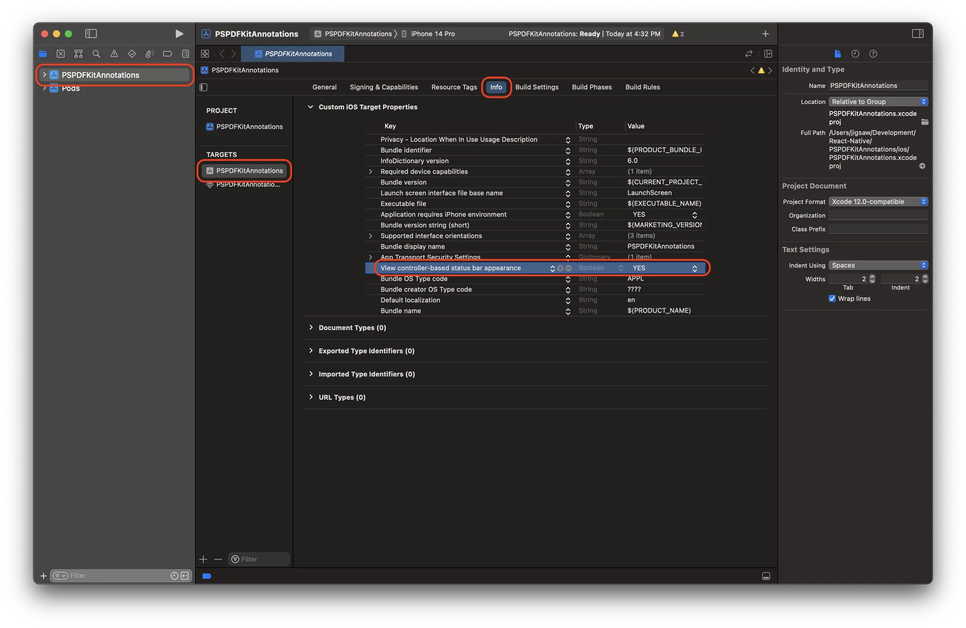 Image showing the project’s info.plist in Xcode