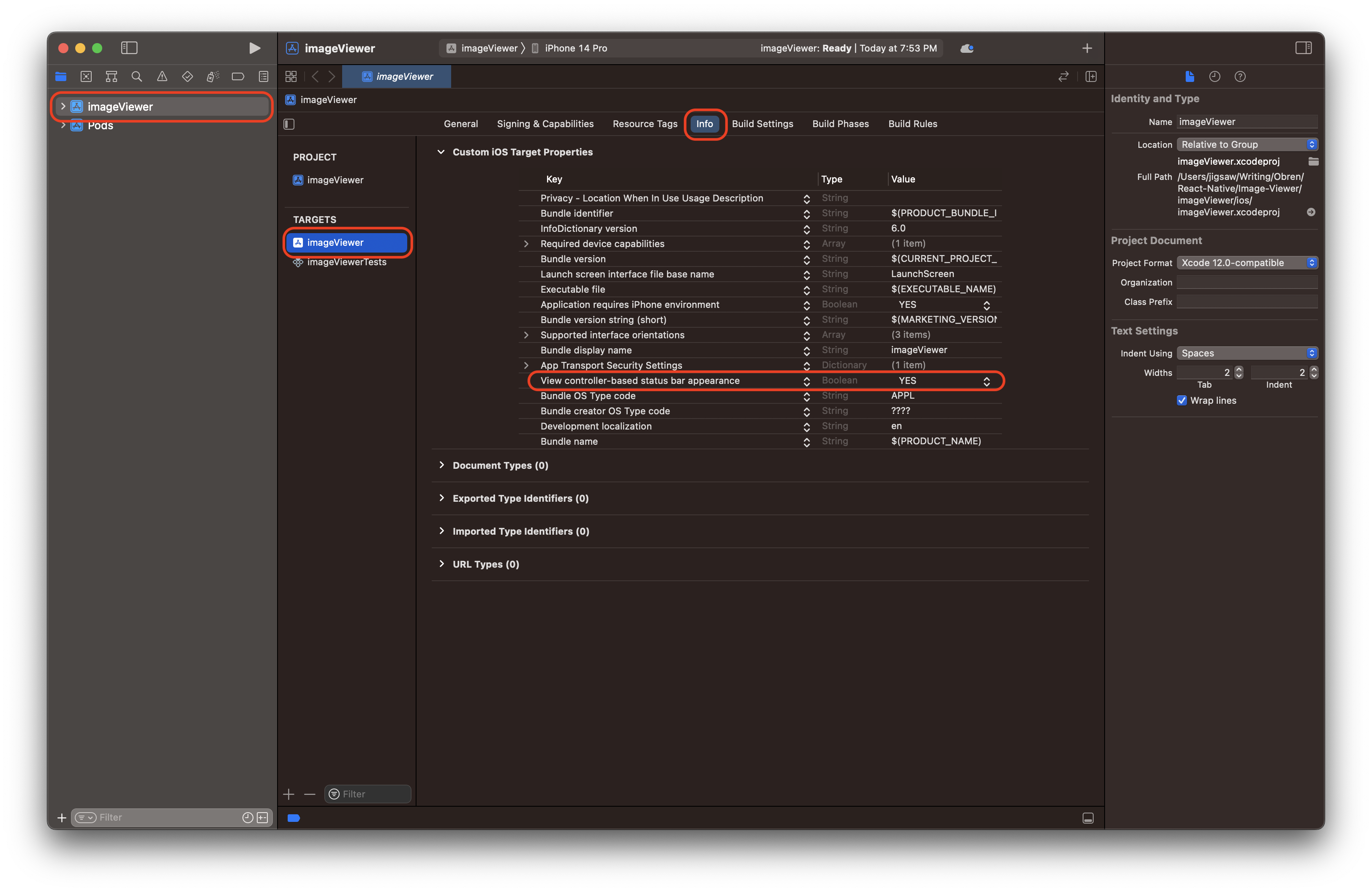 Image showing Xcode interface for setting the info.plist