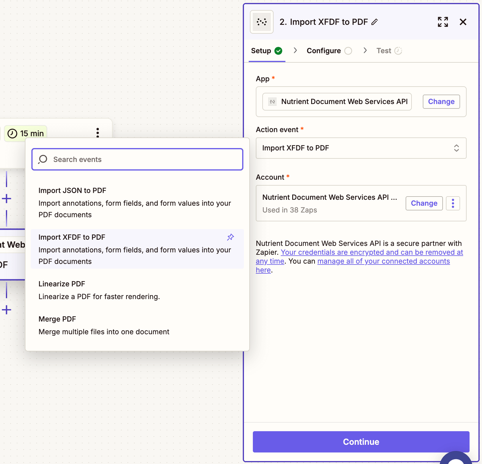 Choose XFDF Import API action