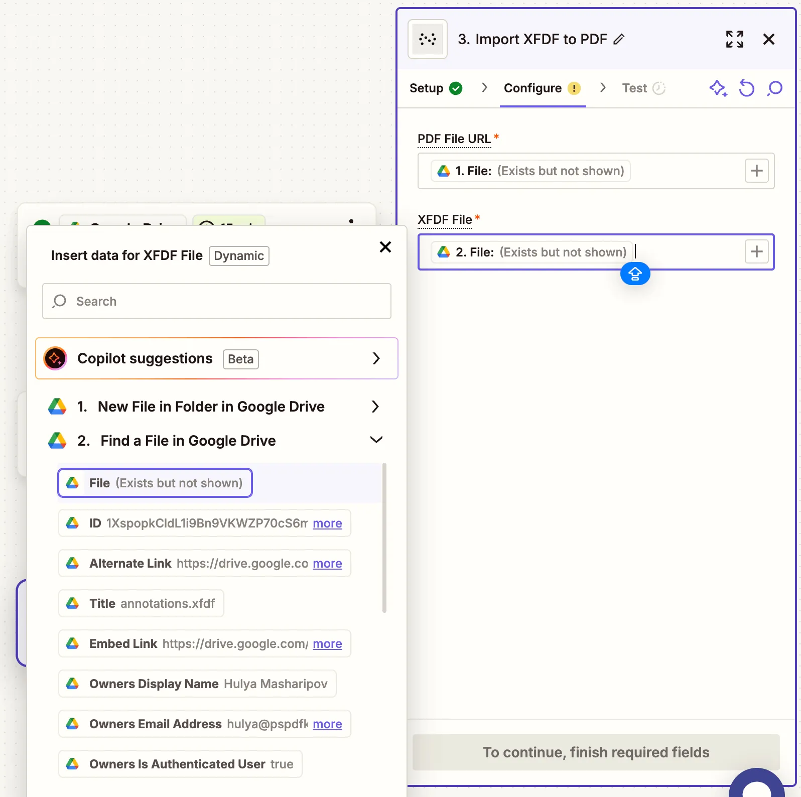 Map the PDF and XFDF URLs in action config