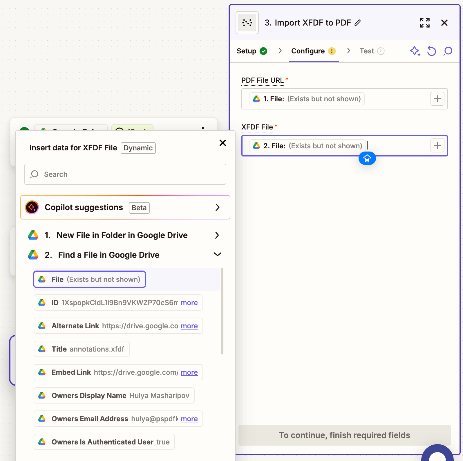 Map the PDF and XFDF URLs in action config
