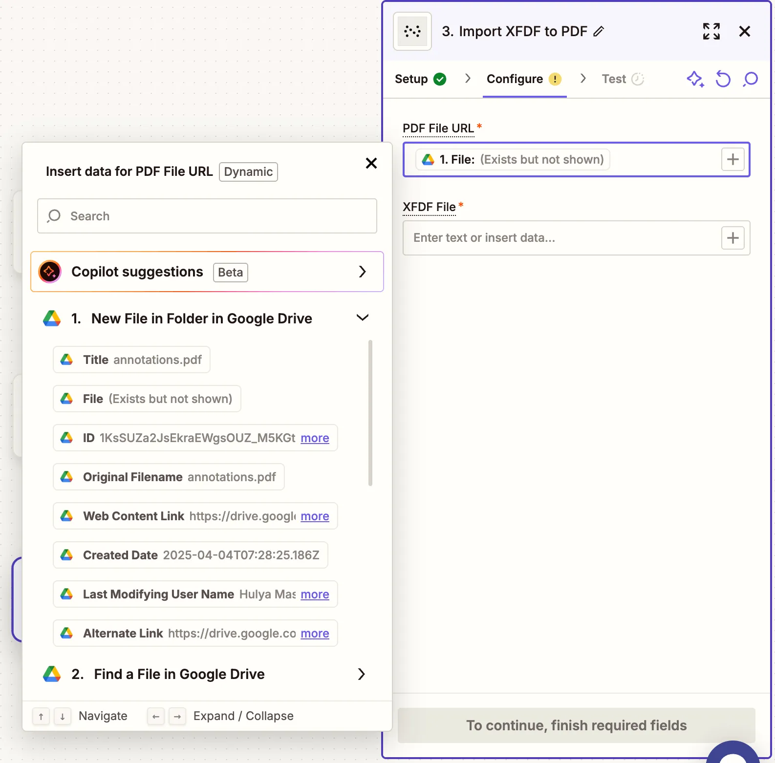 Map the PDF and XFDF URLs in action config