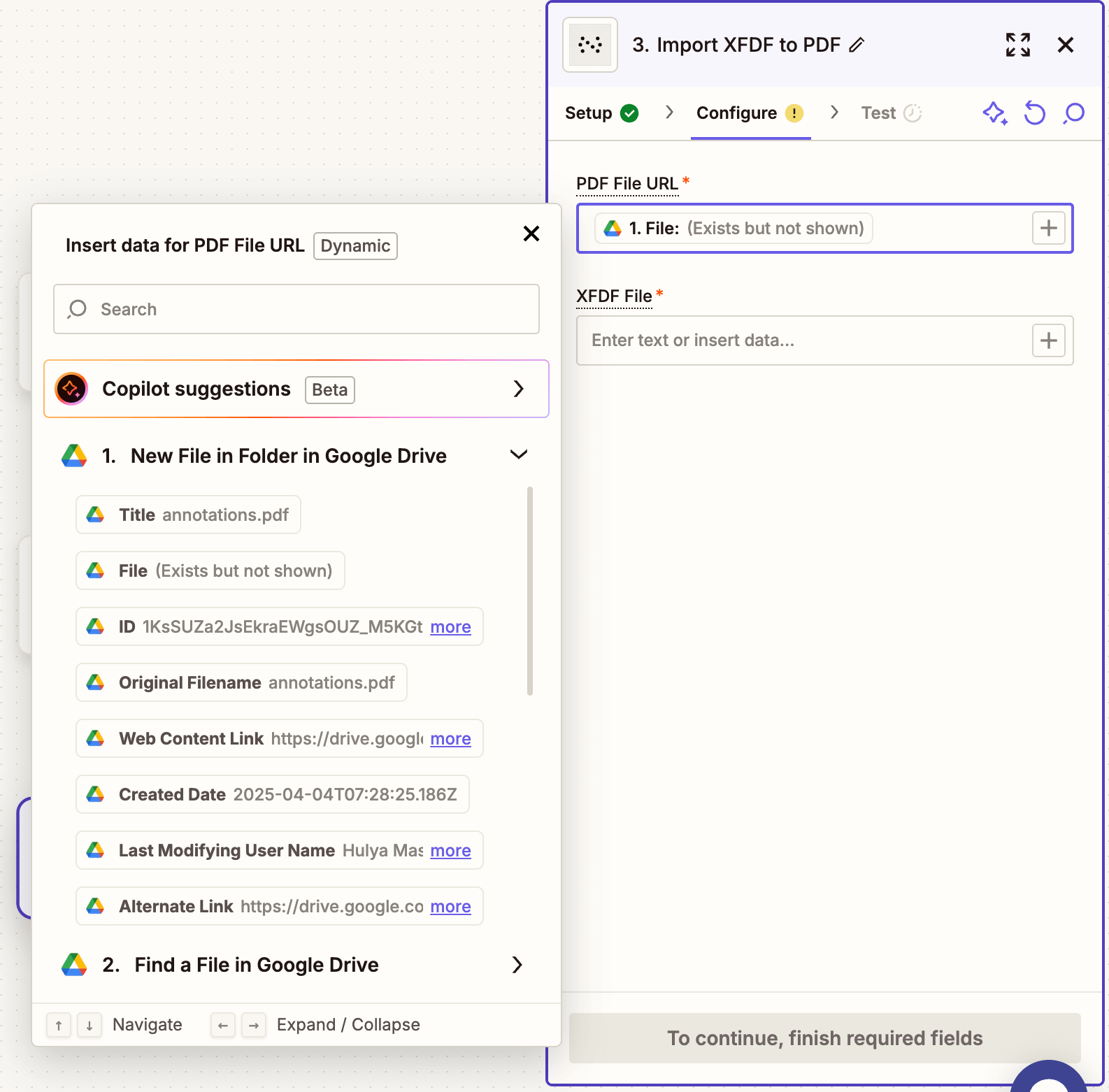 Map the PDF and XFDF URLs in action config