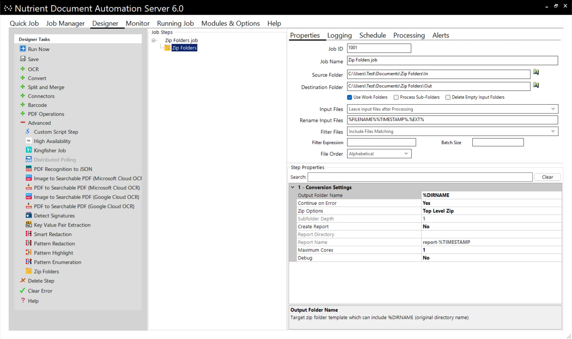 Zip Folder step in the Designer tab of DAS