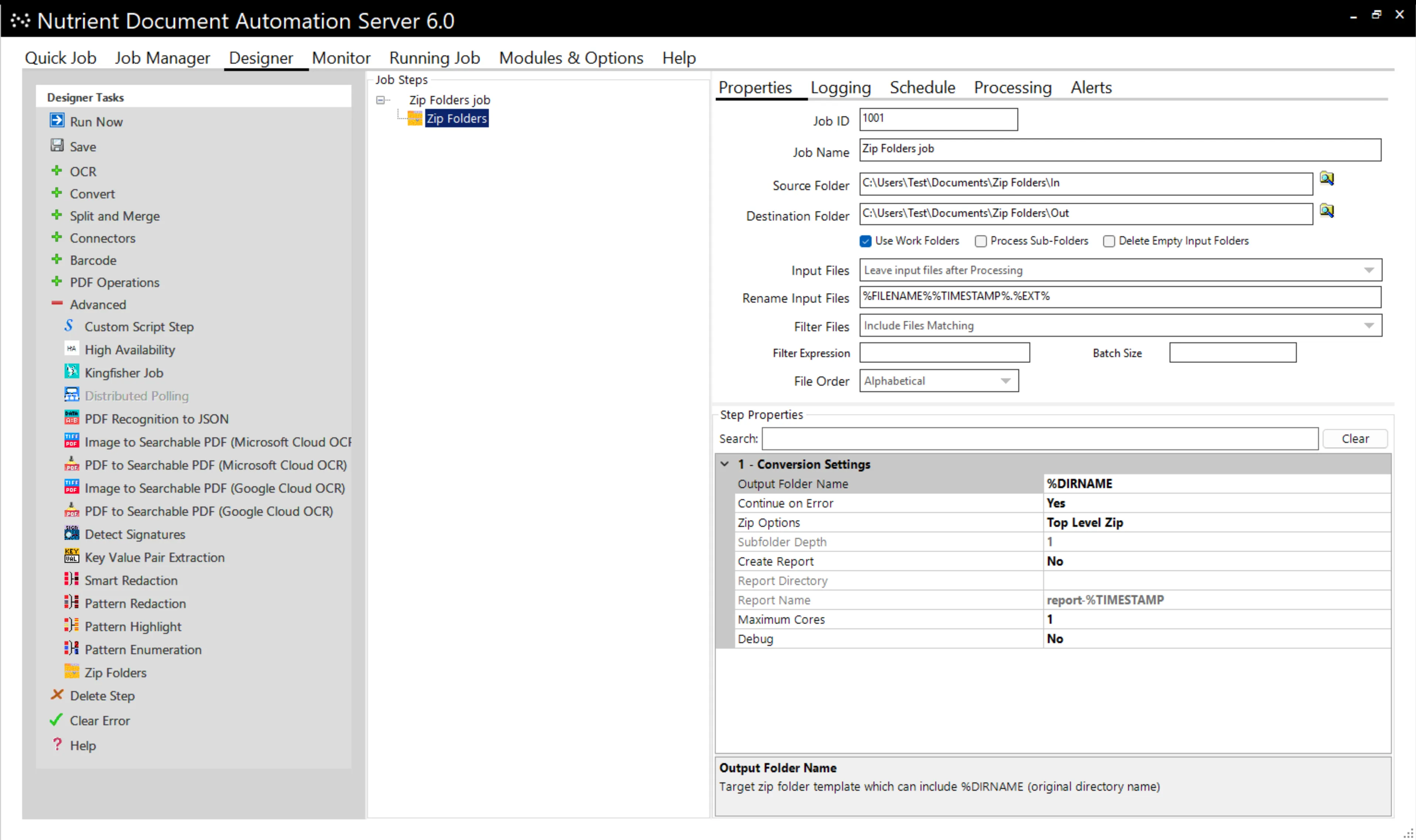 Zip Folder step in the Designer tab of DAS