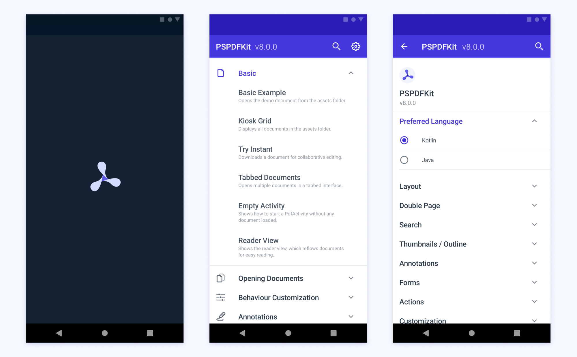 Jetpack Compose Catalog UI 1 three mobile screenshots in a row: the first shows the PSPDFKit logo on a dark background; the second and third show lists of features and functions under a title bar at the top showing 'PSPDFKit v8.0.0'
