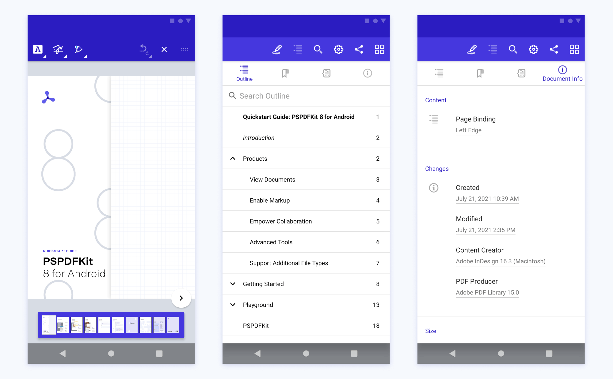 Jetpack Compose Catalog UI 2 three mobile screenshots in a row: the first shows the title PSPDFKit 8 for Android on a light background with circle elements; the second and third show lists of features and functions under title bars with iconography showing different choices